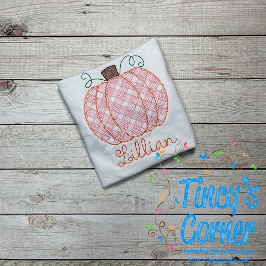 Gingham Sketch Farmhouse Pumpkin Embroidery T-Shirt