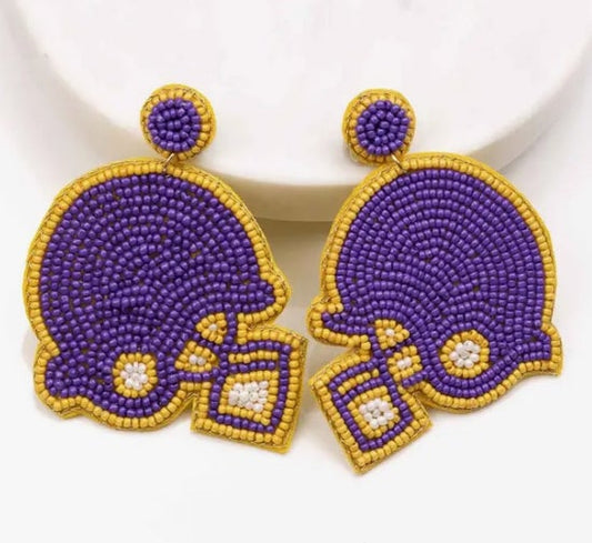 Football Helmet Beaded Earrings Purple/Yellow