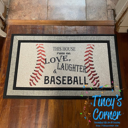 House Runs on Love Laughter Baseball Door Mat