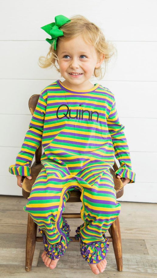 Girl's Mardi Gras Stripe Ruffle Romper
