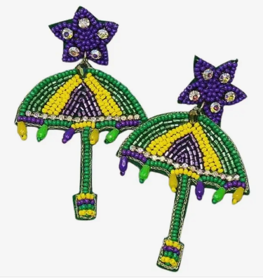 Mardi Gras Umbrella Seed Bead Drop Earrings