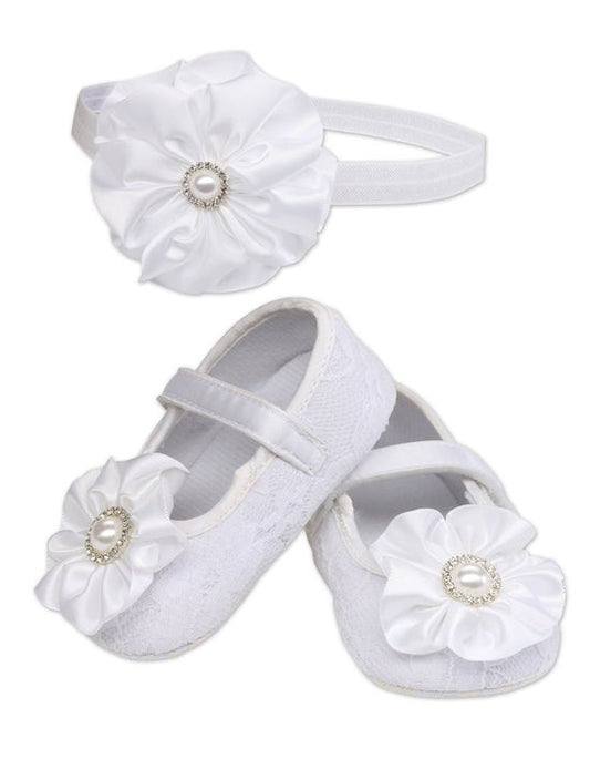 Girls White Baptism Shoe And Headband Set