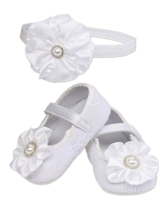 Girls Lace Baptism Shoe And Headband Set